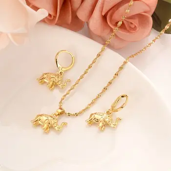 

18 k Fine Gold Gf Statement Chunky Multi Elephant Pendant Chain Necklace Earrings Charm Set