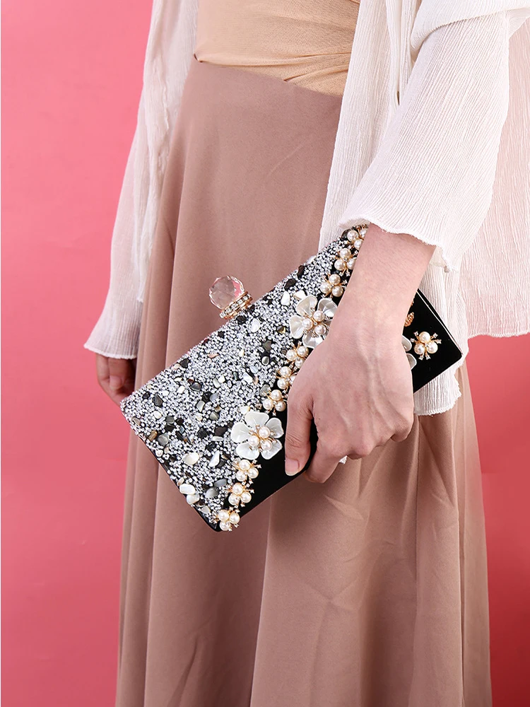 Luxy Moon Black Floral Beads Clutch Bag Model Display View