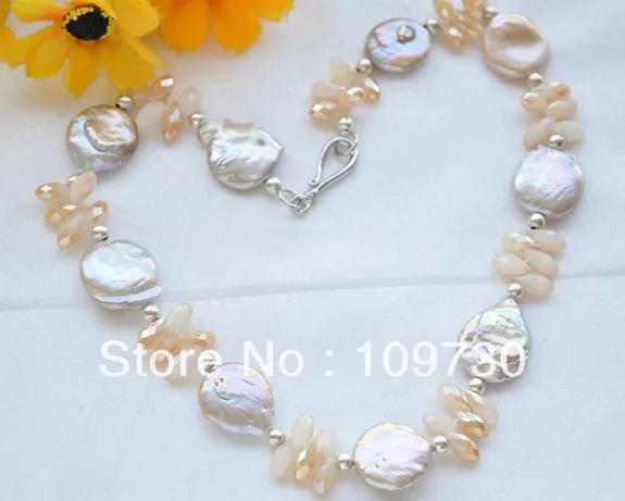 

Jewelry 002051 22mm lavender COIN FRESHWATER PEARL faceted crystal NECKLACE 19inch can choose