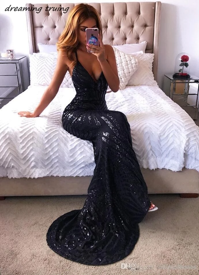 Sexy V cuello Spaghetti Strap Largo negro lentejuelas sirena vestidos De Fiesta largos para mujer vestidos De noche Vestido Largo De Fiesta 2018|Vestidos de graduación| -