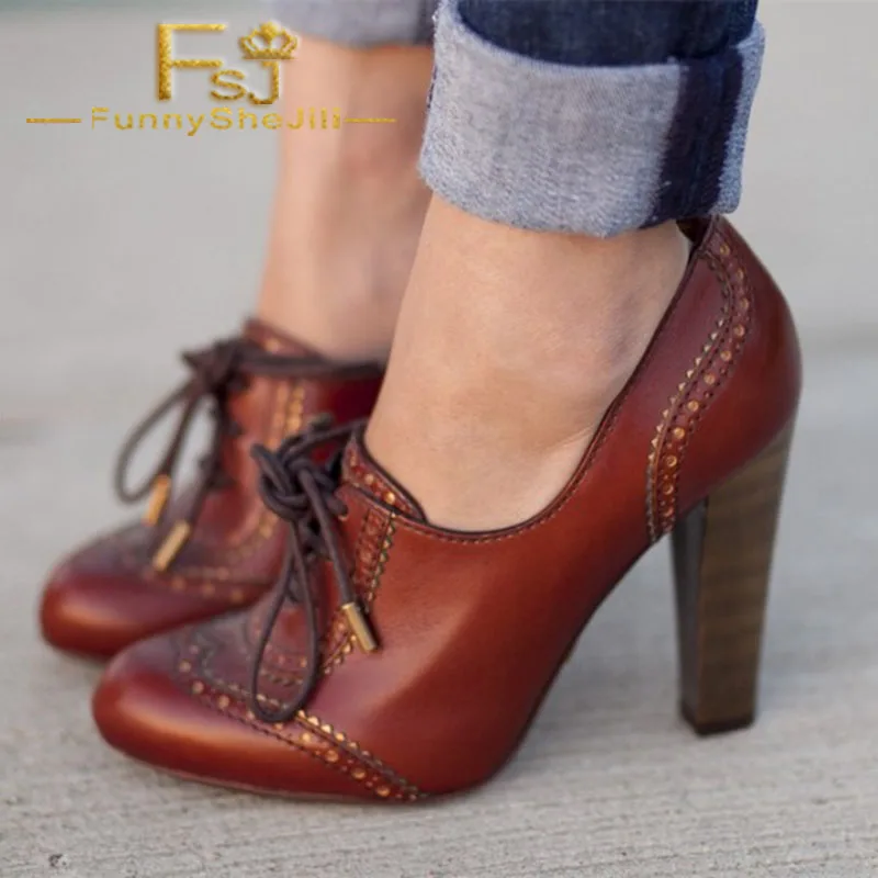 Бордовые Туфли-оксфорды на шнуровке; Винтажная обувь на каблуке; Туфли-оксфорды на не сужающемся книзу массивном каблуке; сезон весна-осень; женская обувь; Модная элегантная обувь; FSJ