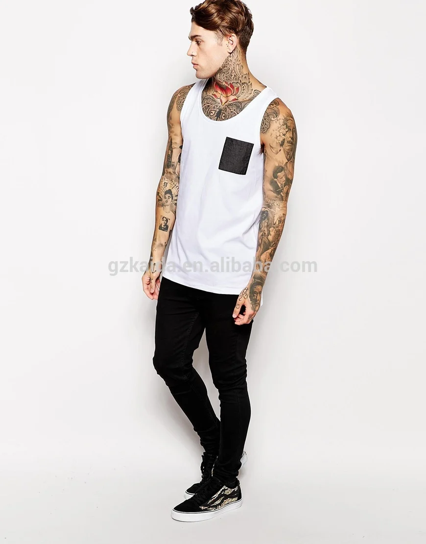 New 2015 fashion workout plain white tank tops mens with pocket tank