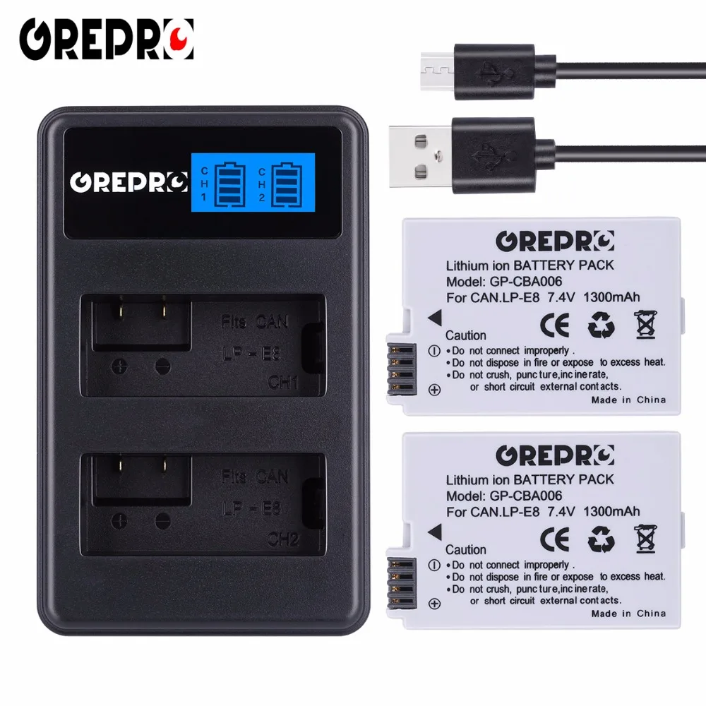 

GREPRO 2pcs 1300mAh LP-E8 LP E8 Camera Battery+LCD Charger for Canon EOS 550D 600D 650D 700D X4 X5 X6i X7i T2i T3i Batterie AKKU