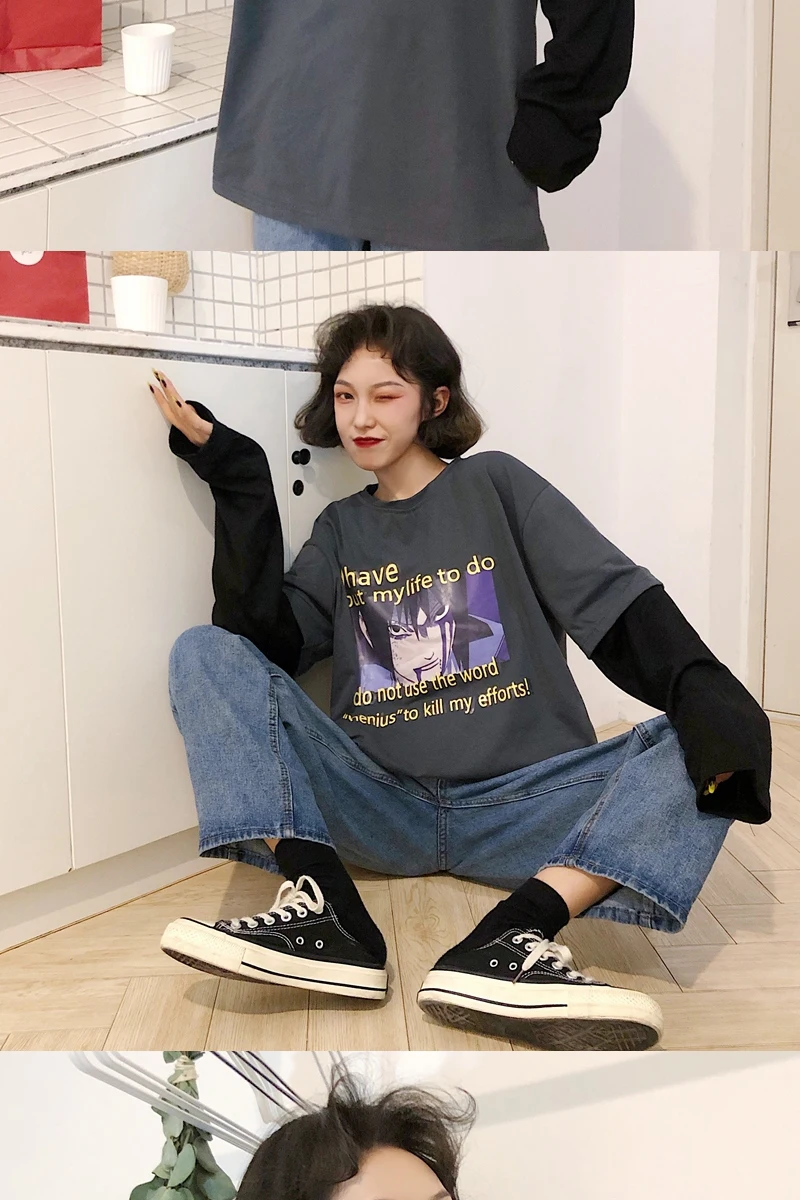 Camisetas Mujer, осенняя женская футболка, Корейская уличная футболка Ulzzang Harajuku с мультяшным принтом, футболка с длинным рукавом, женские топы