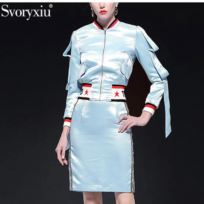 

Svoryxiu Spring Summer Designer Brand Blue Skirt Suit Women's Fashion Sequin Embroidery Motion Casual Two Piece Set Female