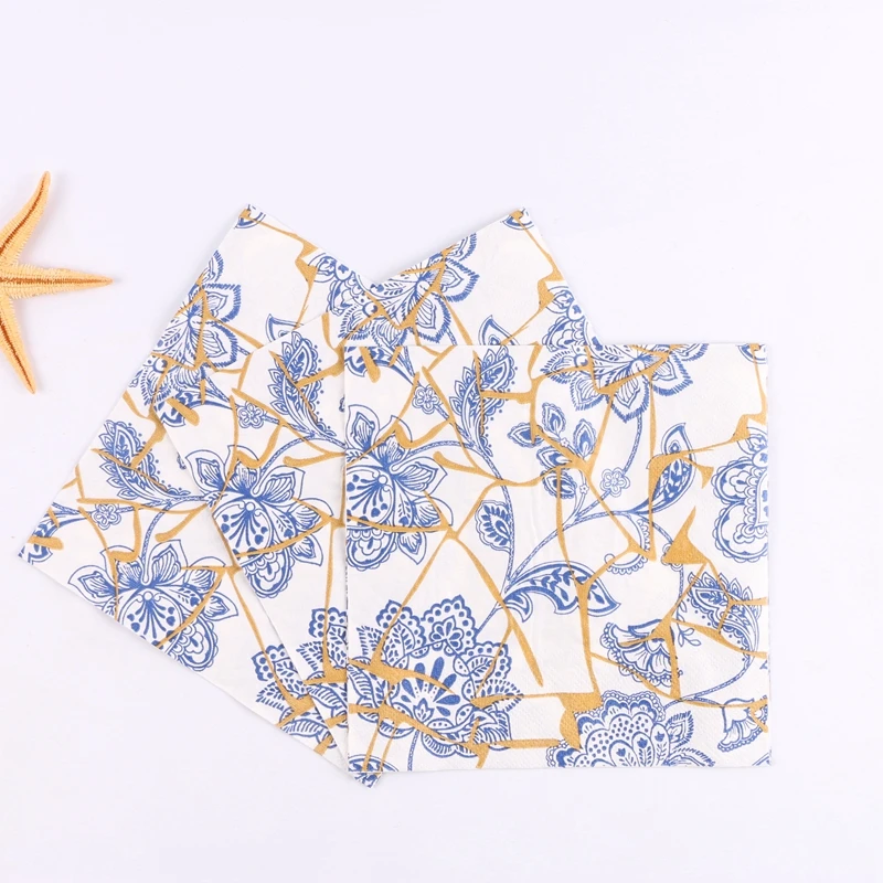 Декупаж винтажный стол бумажные салфетки, носовые платки цветное полотенце с рисунком синий золотой цветок День рождения Свадьба Вечеринка домашний декор