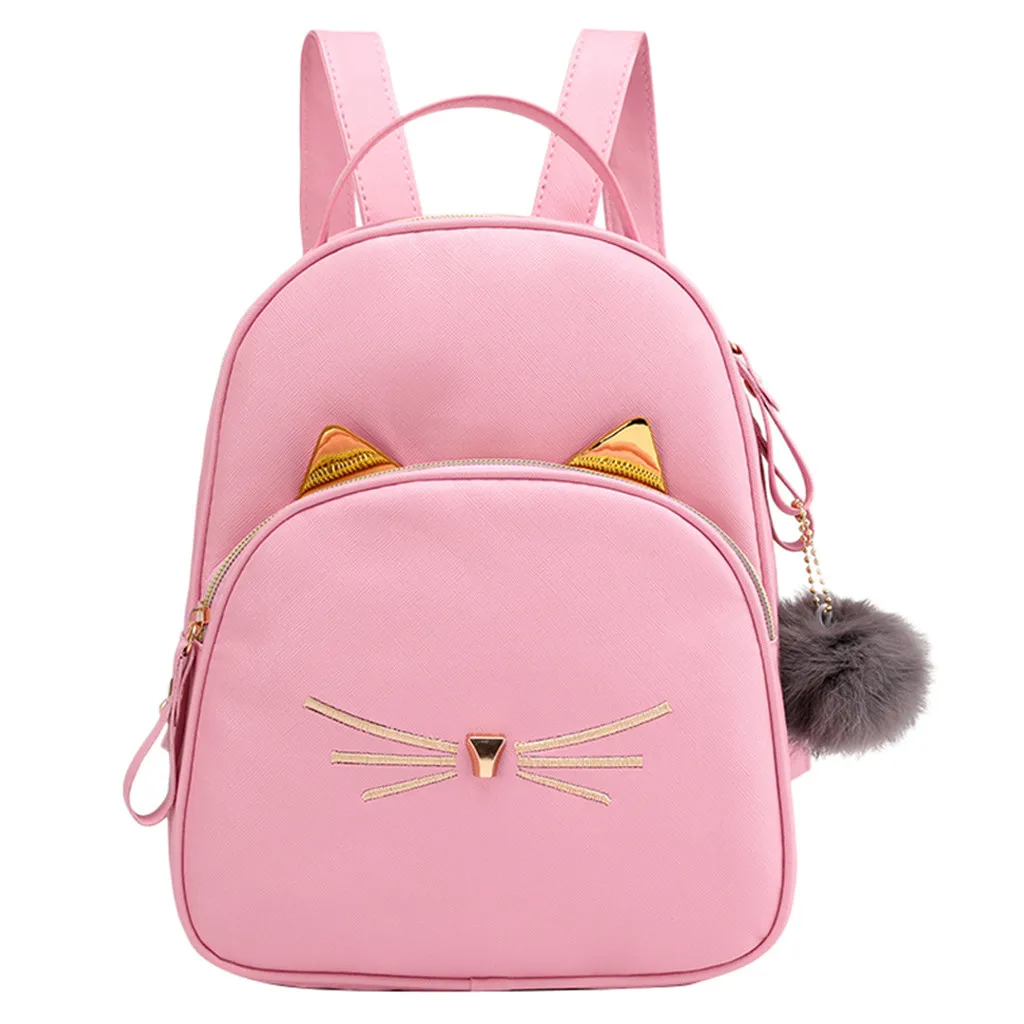 Школьный рюкзак с кошкой, женский рюкзак из искусственной кожи, женский рюкзак с милыми ушками и меховым помпоном, маленькая дорожная сумка для девочек, Sac A Dos - Цвет: Розовый