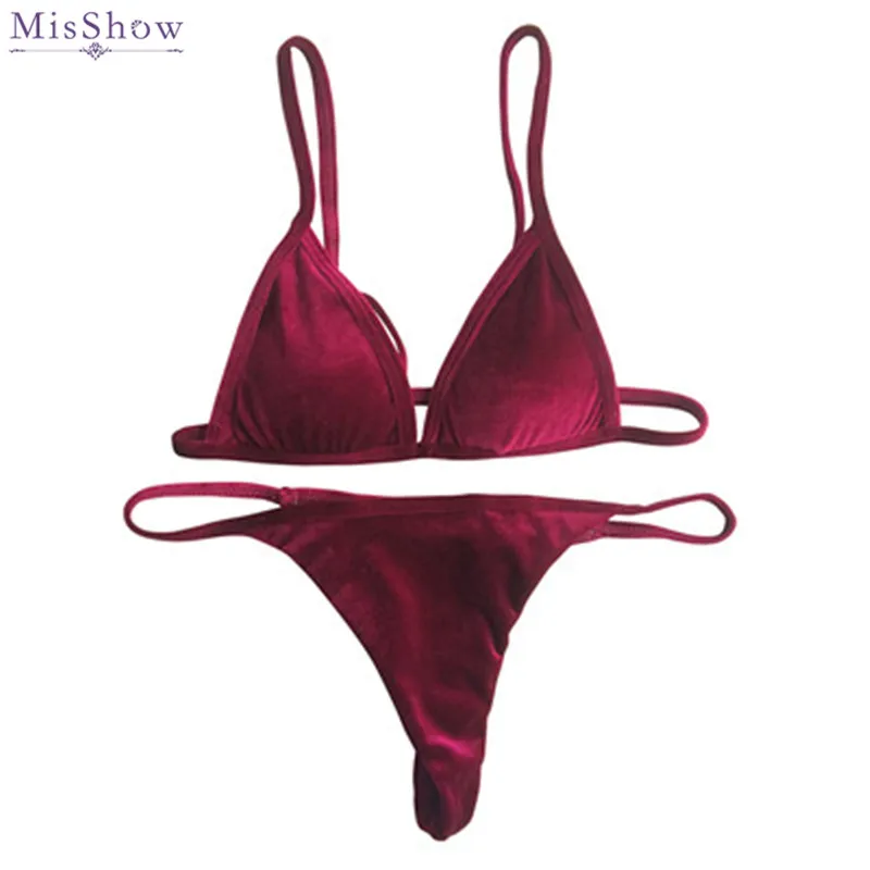 

MisShow 2019 New Sexy Women Bikinis Set Velvet Wommen Swimsuits Halter Bathing Suits Thong Beach Low Waisted Female Swimwear