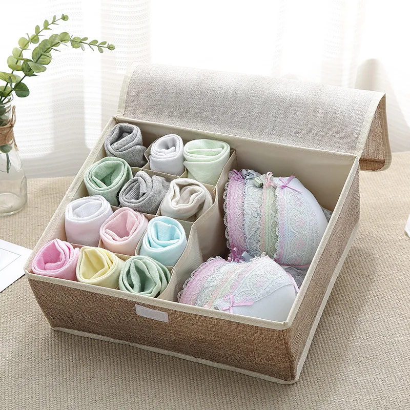 Cotton linen underwear receipt box multi-lattice foldable bra finishing with covered socks storage box underwear organizer - Цвет: Dark Brown