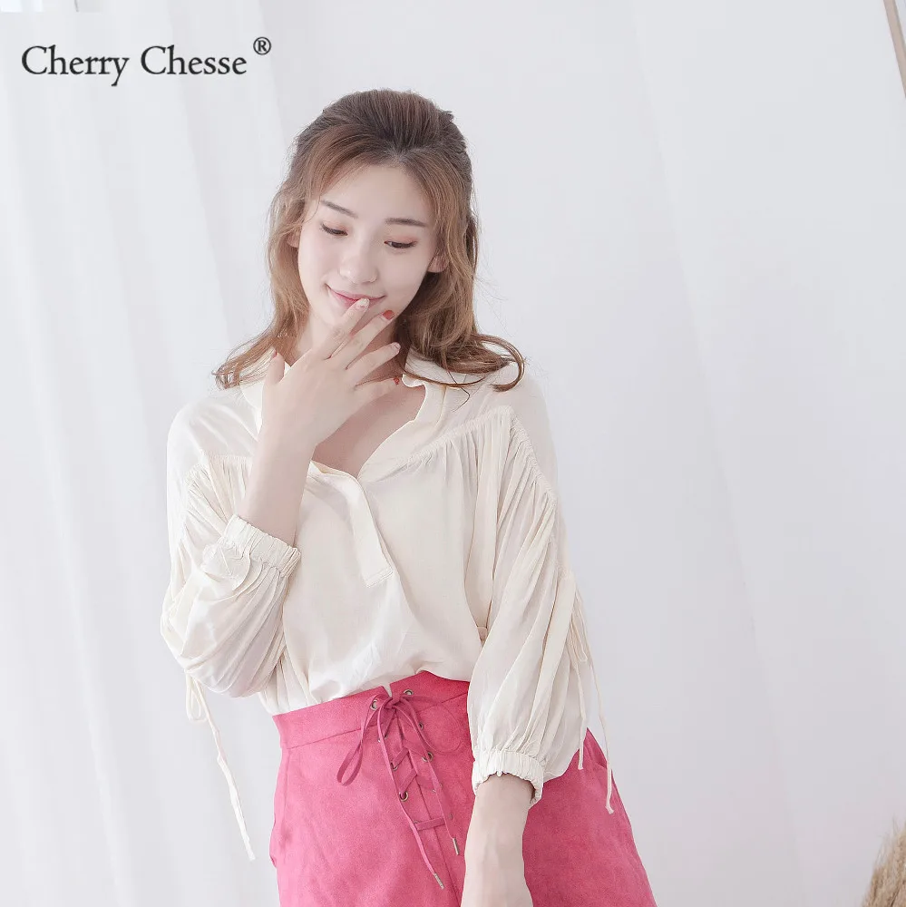 Cherry Chesse 2018 сладкий поясом блузка рубашка Для женщин Фонари рукавами в стиле