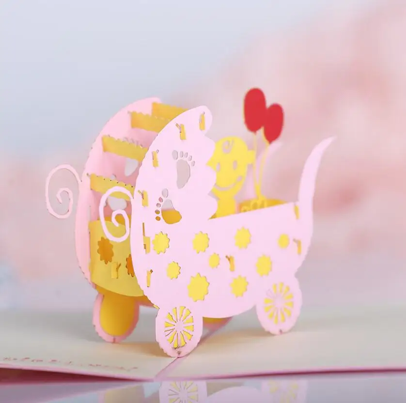  10pcs 3D Creative Baby stroller Handmade Kirigami Origami Wedding Party Baby Shower Invitation Card - 32817498787