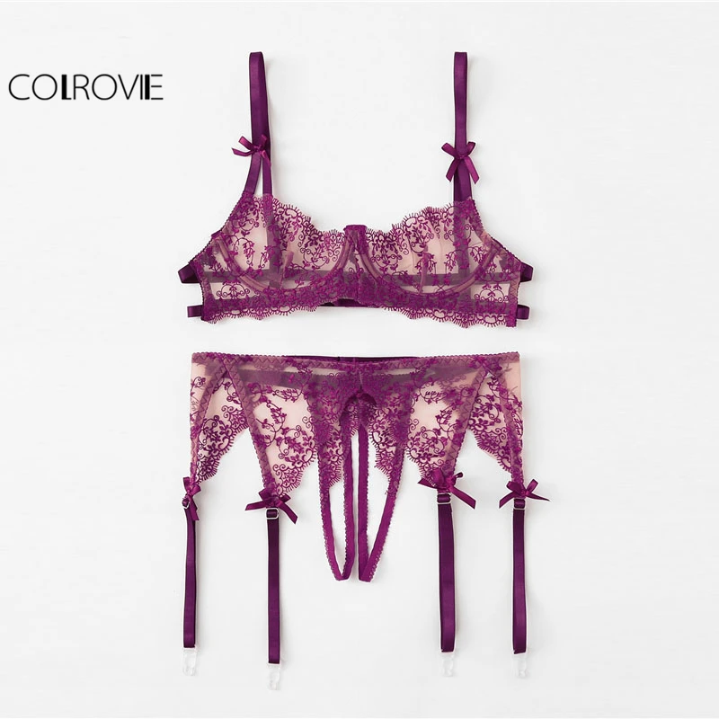 COLROVIE Purple Lace Bra And Open Crotch Thong And Garter Set Women 2019 Spring Fashion Floral Sexy Underwear Lingerie Sets