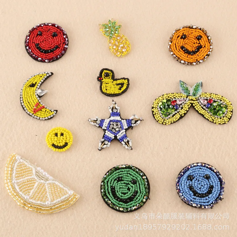 

5pcs/lot Beaded Applique Embroidery Patches Crystal Face Fruit Pineapple Moon Orange Clothing Accessories DecorationBadge