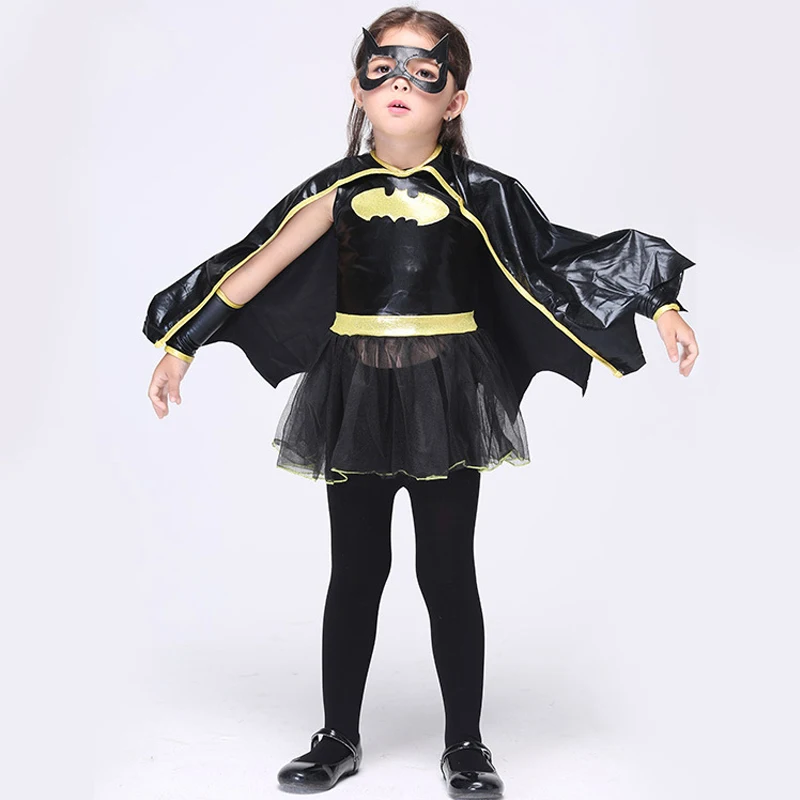 

Children Halloween Batman Costume Batgirl Fantasia Black Dress+Cloak+Mask+Gloves Set Scary Party Girls Superhero Cosplay Clothes