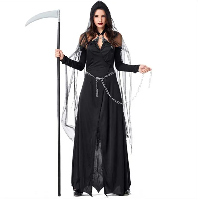 

Adult Halloween Ghost Spirit Cosplay Costume Women Black Mesh Sexy Long Dress Fancy Dress Carnival Party Witch Costume Plus Size