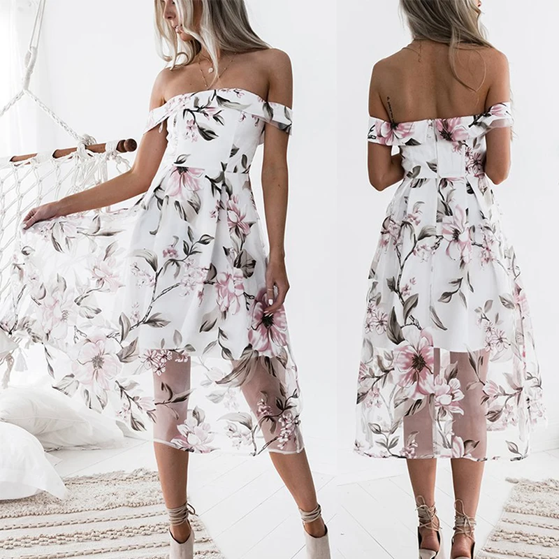 

Dresses Summer Beach Dress 2018 Long Maxi Women White Off Shoulder Party Slash Neck Mesh Floral Tunic Elegant Boho Summer Dress