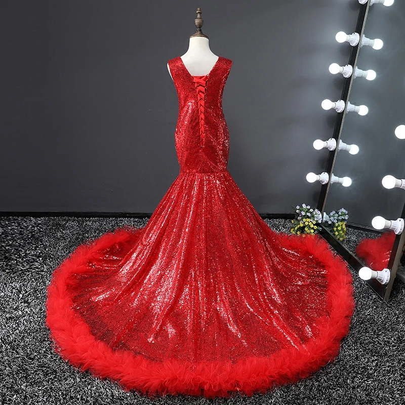 

Luxury Flower Girl Dress Long Trailing Mermaid Princess Dress Sequined Evening Party Gown Sleeveless Kids Pageant Dresses A117