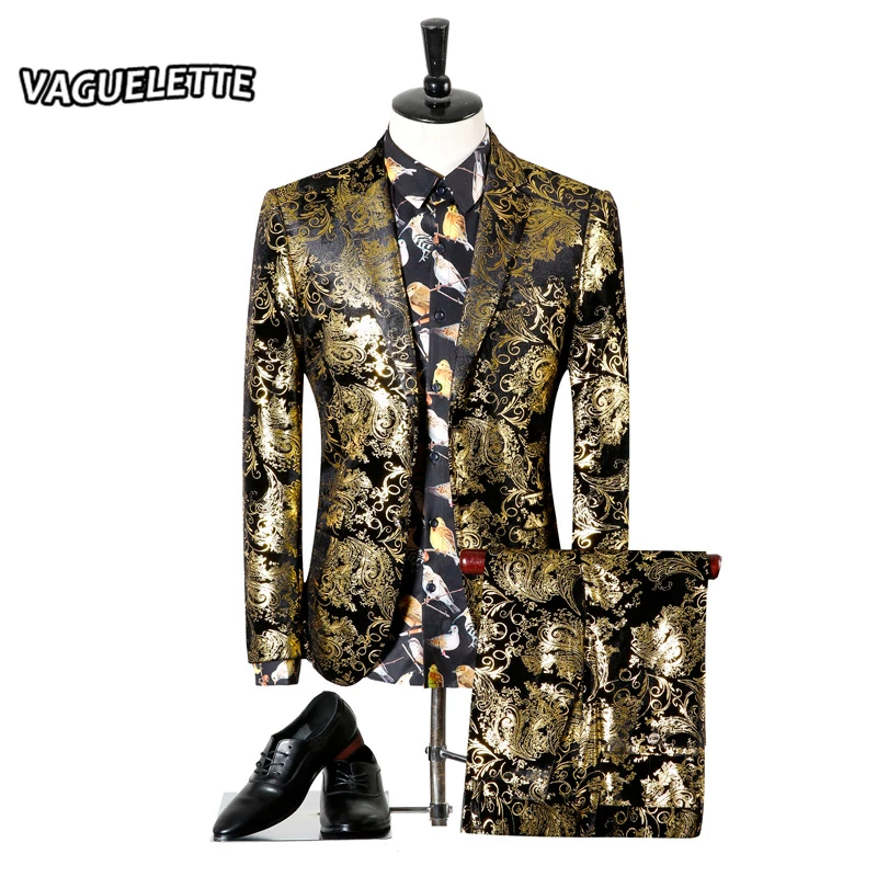 

Men Wedding Suit Printed Paisley Floral Black Gold Tuxedo Stage Costumes For Singer Slim Fit Male Suit With Pants M-3XL