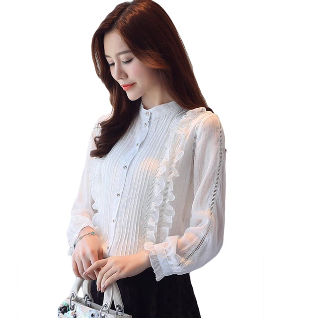 Spring Chiffon Lace Tops Korean Slim Solid Color Chiffon Shirt Female ...