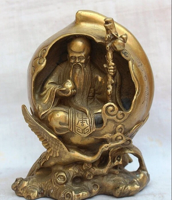 

7" Chinese Fengshui Brass carved crane the god of longevity on peach Statues Q