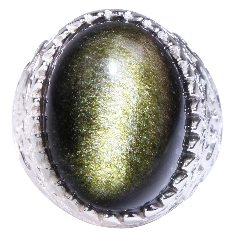 Obsidian Ring 925 Silver and Silver inlaid Obsidian Cat's Eye Ring