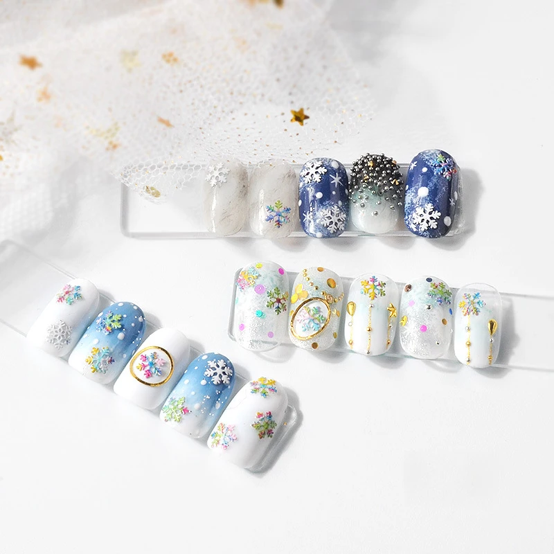1 коробка, снежинка, блестки для ногтей, блестящее украшение, веселое Рождество, металлические наклейки для ногтей, 3D наклейки, белые/цветные аксессуары для ногтей