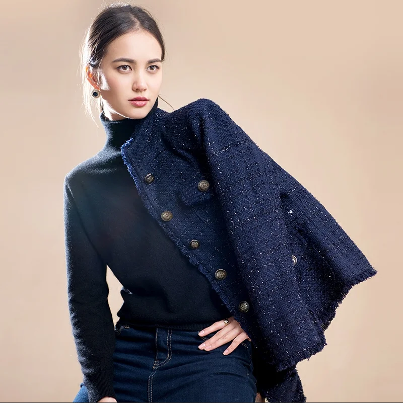 Куртка твидовая Женская Классическая темно синяя на весну/Осень/зиму|blue tweed