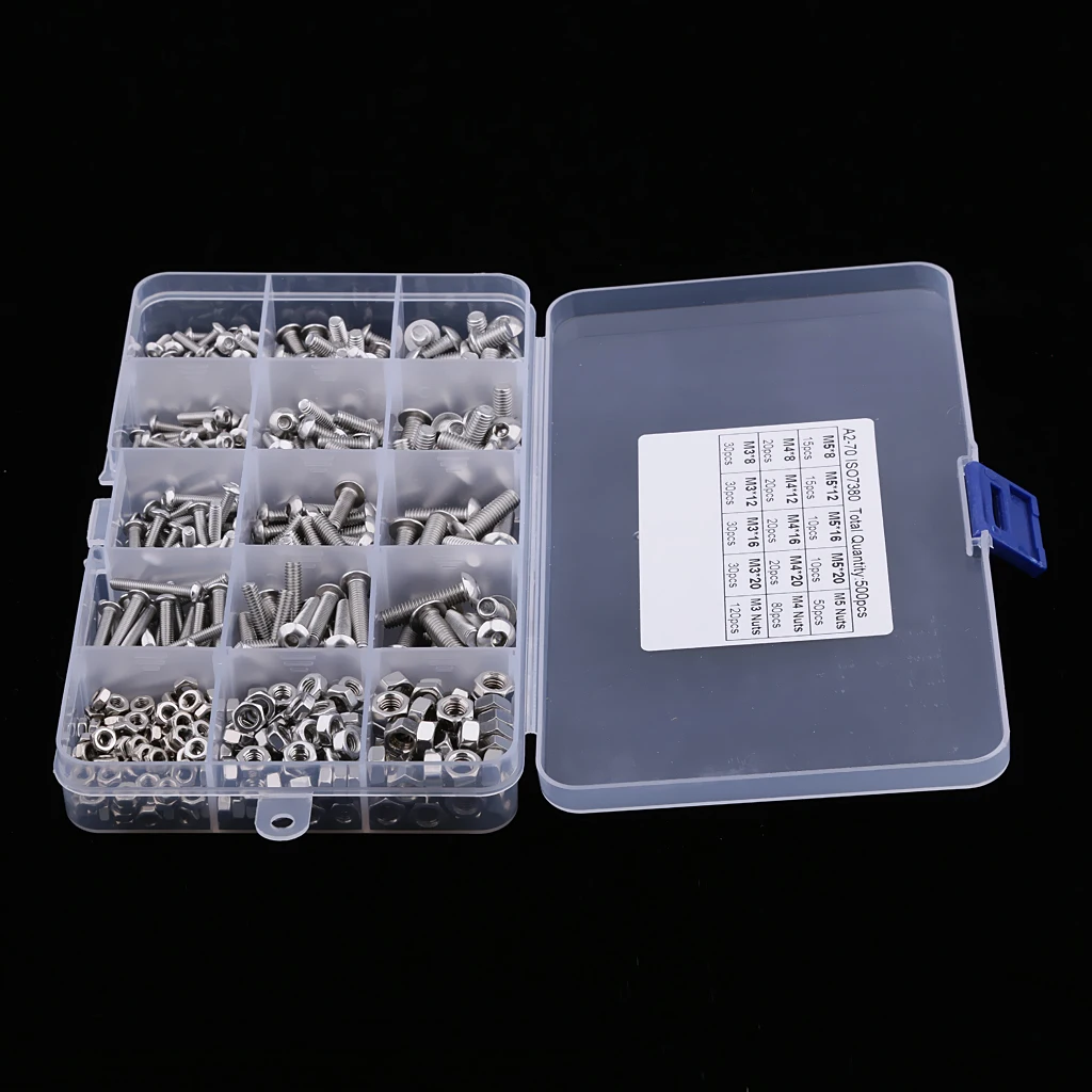 500Pcs M3 M4 M5 Stainless Steel Button Head Hex Socket Cap Screws Nuts Kit