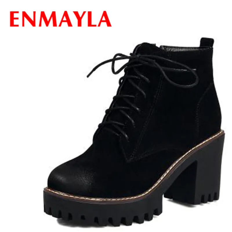 

ENMAYLA New Fashion Lace-up Winter Warm Ankle Boots for Women High Heels Round Toe Black Shoes Motorcycle Boots Large Size 34-43
