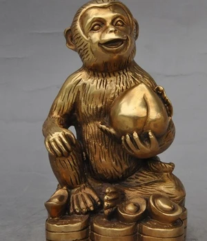 

mark chinese brass fengshui zodiac monkey hold Peach yuanbao wealth coin statue