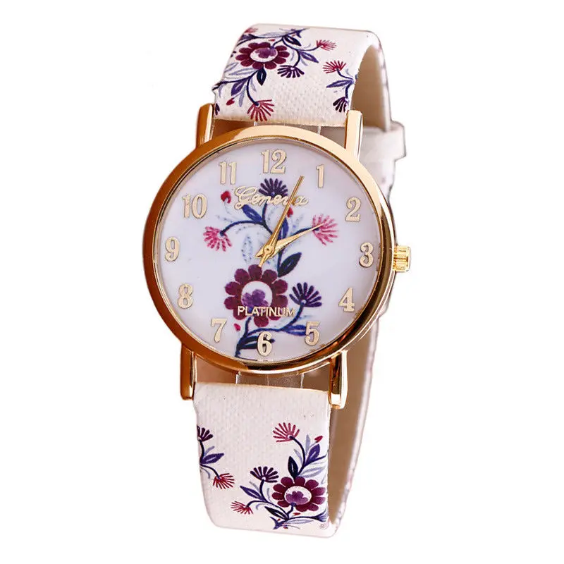 Geneva Flower Patterns Leather Band Watches Analog Quartz Wrist Watches Purplein Women's
