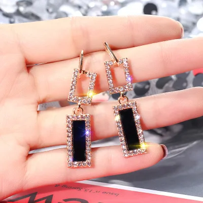 

925 silver needle Korean temperament long flash drill earrings personality wild rectangular geometric red earrings