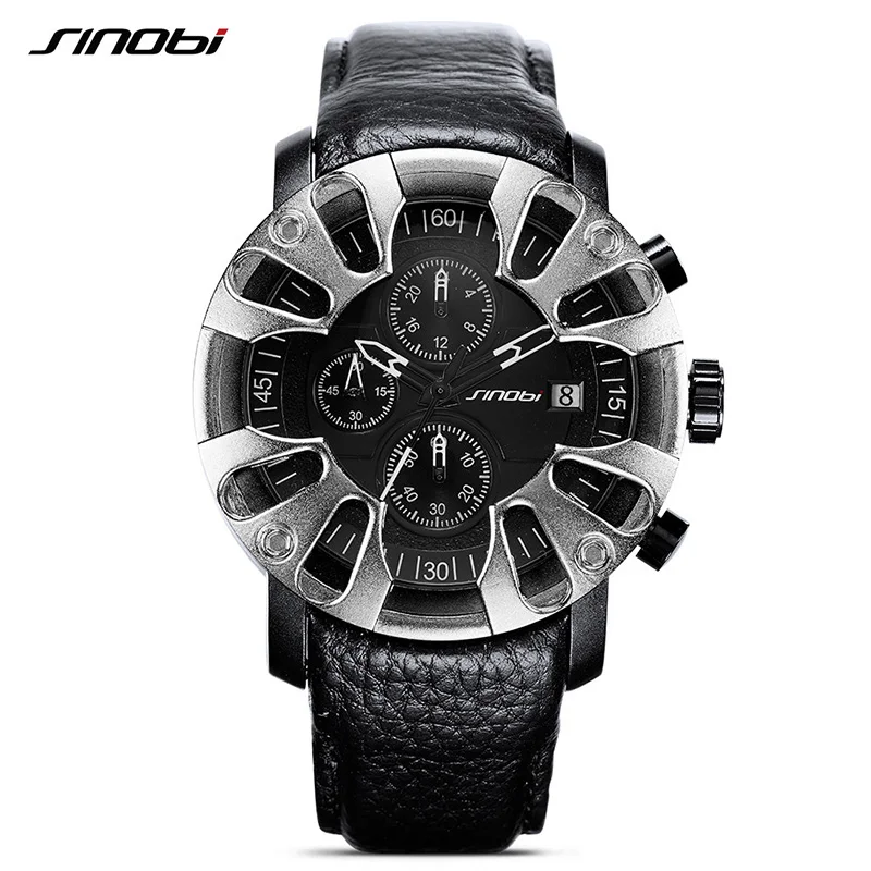 

SINOBI Brand Black Sports Watch Men Soft Leather Straps Chronograph Calendar Multifunction Quartz Wristwatch Relogio Masculino