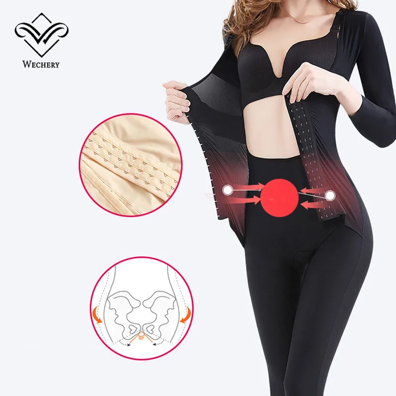 Wechery Body Shaper длинный рукав полная длина Корректирующее Белье Фирма контроль пояс утягивающий глаза и крючок Двухслойное нижнее белье