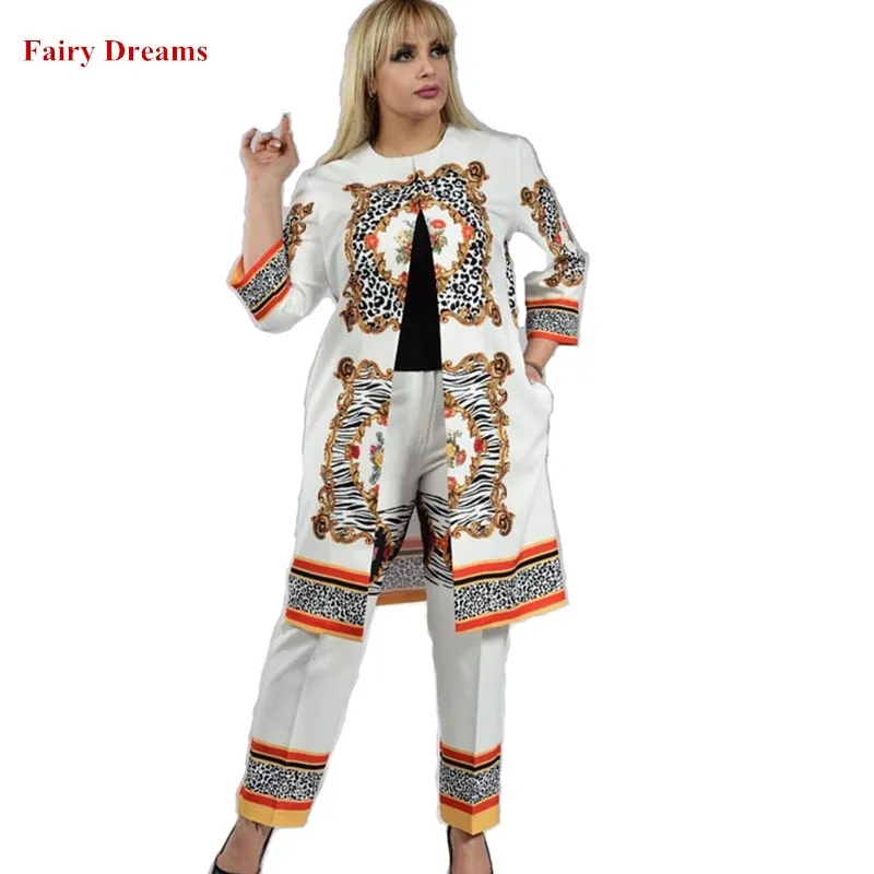 

2 Piece Set Women African Clothes Coat And Pants Dashiki Ankara Traditional African Clothing White Cardigan Print Tops Trousers