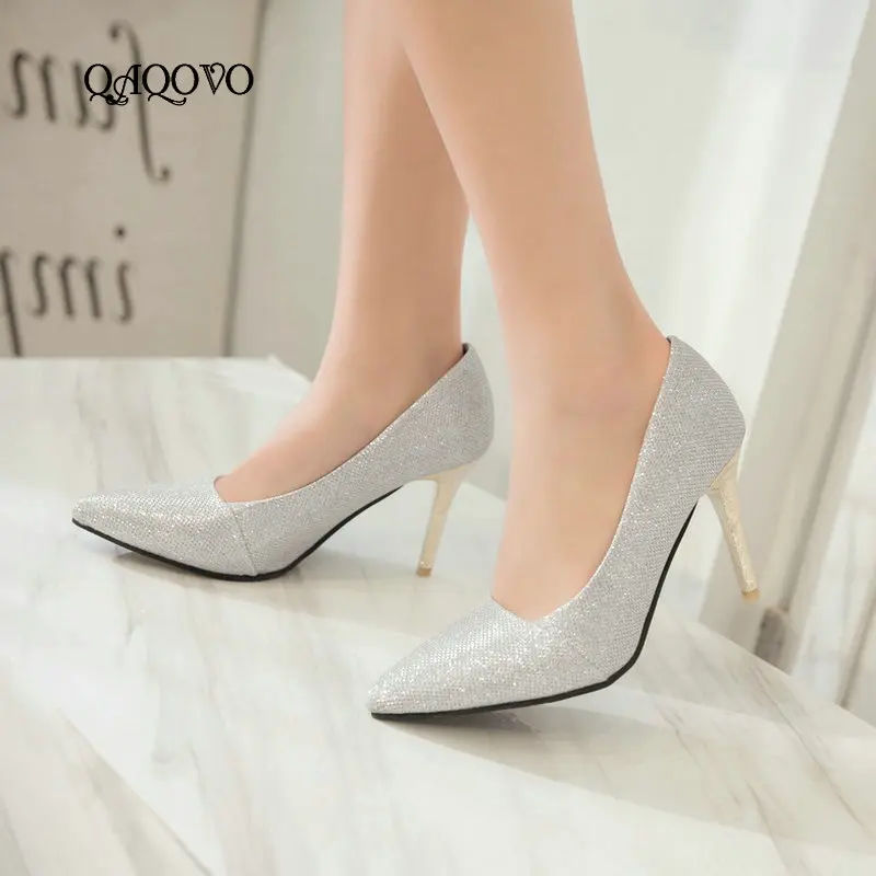 Women's High Heels Fashion Bling Party Shoes Sexy Pointed Toe Slip On Wedding Spring Autumn Ladies Pink Blue Gold Silver | Обувь