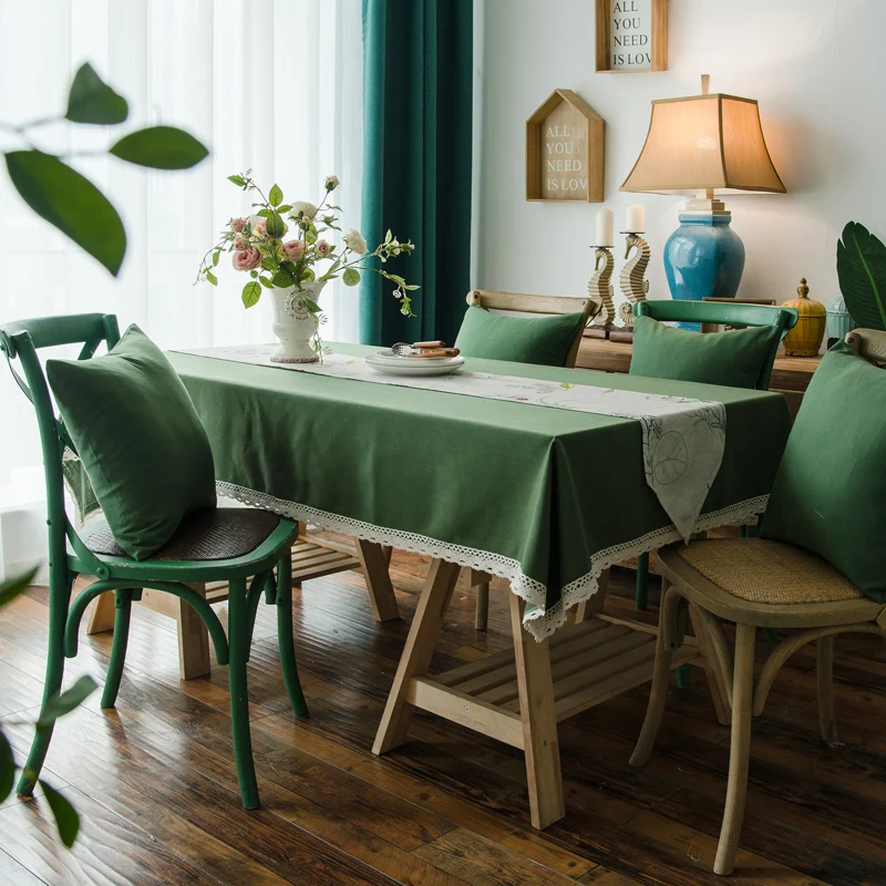 

Green Solid Color White Lace Pattern Linen Waterproof Polyester Tablecloth Table Cover Decoration Rectangular Line Table Cloth