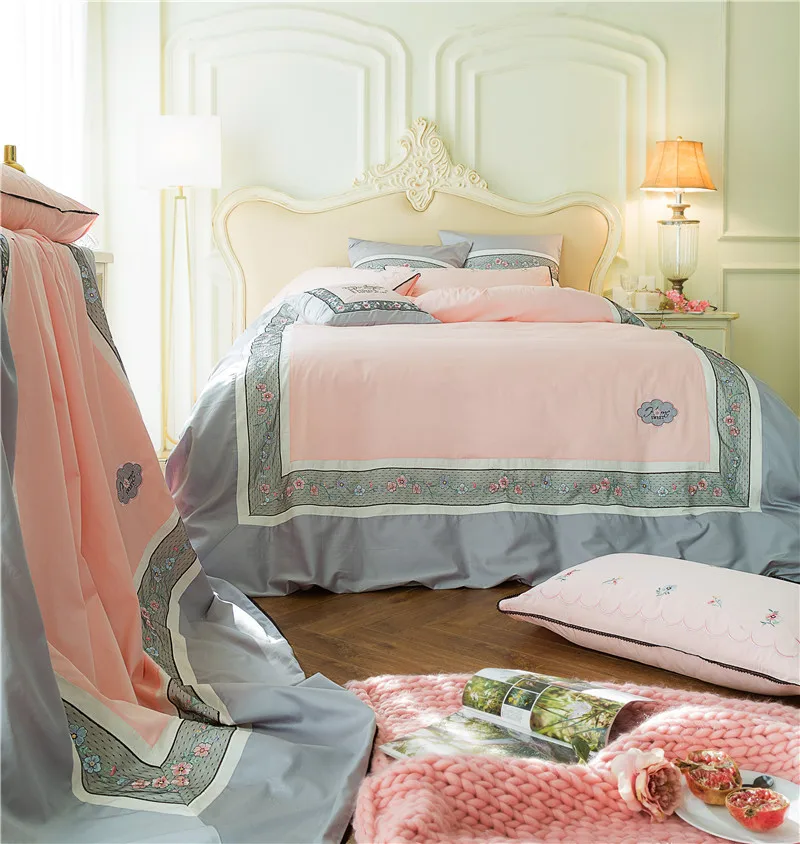 

4/7pcs Flower embroidery Sheet Pillowcase and Duvet Cover Sets egyptian Cotton Bedlinen Queen King Size Bedding Set for girls