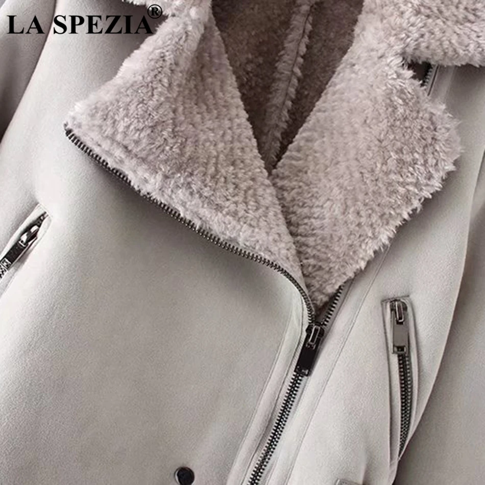 LA SPEZIA Suede Fur Coats Women Red Winter Jacket Thick Warm Female Zipper Pockets Loose Ladies Motorcycle Biker Short Jackets
