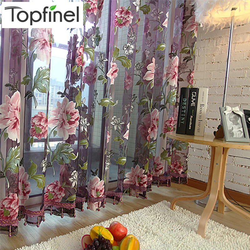 Topfinel Trendy cubre las cortinas de tul chic para el dormitorio de la sala de estar. Diseño real cortinas de velo bordadas con panel para cortinas. Flores rojas y hojas verdes.