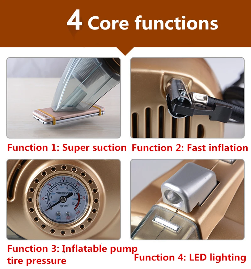 4 в 1 мощный автомобильный пылесос 12 в 80 Вт Многофункциональный Автоматический надувной насос прикуриватель штекер светодиодный HEPA фильтр