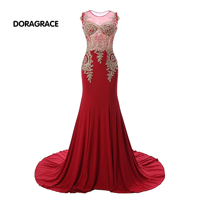 

Glamorous Applique Beaded Floor-Length Red Chiffon Mermaid Prom Gowns Designer Evening Dresses DGE051