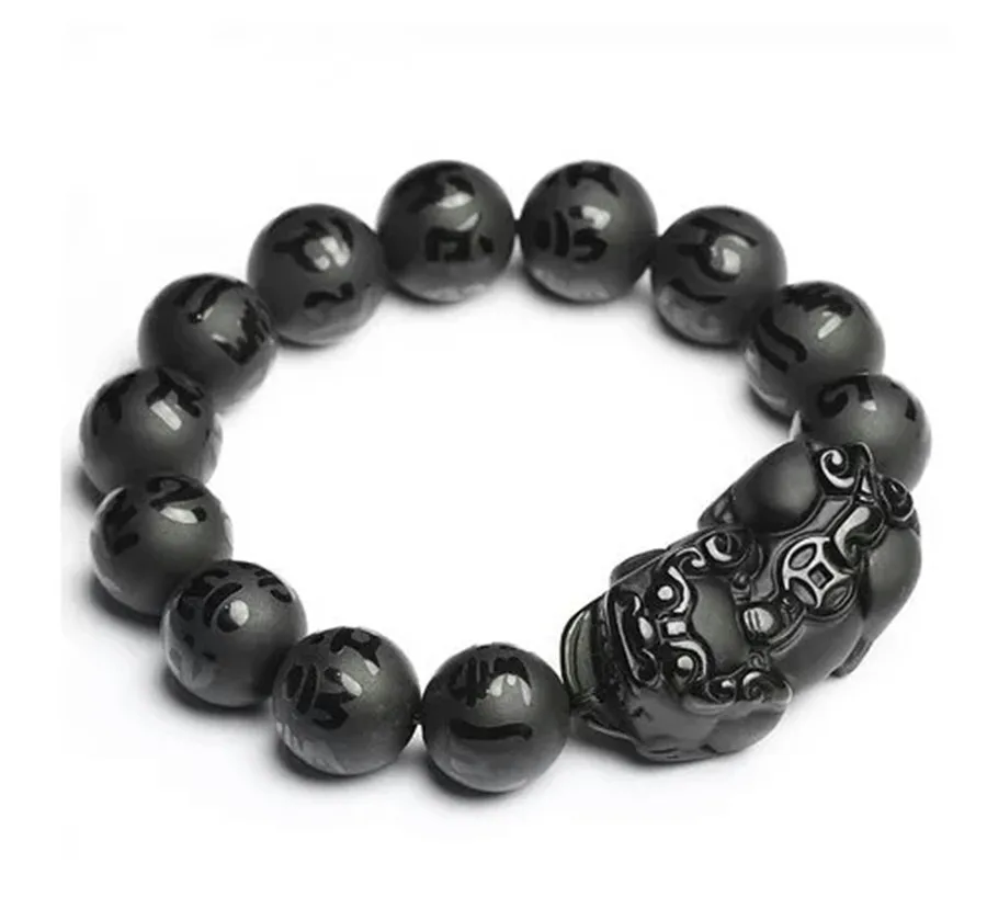 

Genuine Natural Black Obsidian Bracelets Six Word Design Pi Xiu Gemstone Crystal Round Bead Woman 10mm 12mm 14mm 18mm AAAAA