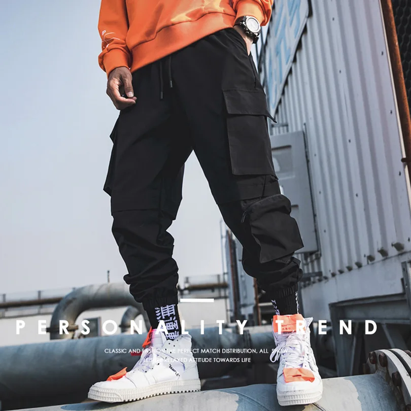 

2019Spring Cargo Pants Men Cotton Many Pockets Stretch Man Casual Trousers Purple Black Ankle Banded Baggy tactical Pants A901