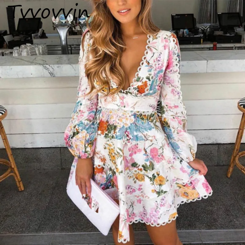 

Runway Zim Designer Dress Women High Quality Elegant V-neck Lantern Sleeve Floral Printed Lace Patchwork A-line Mini Dress V755