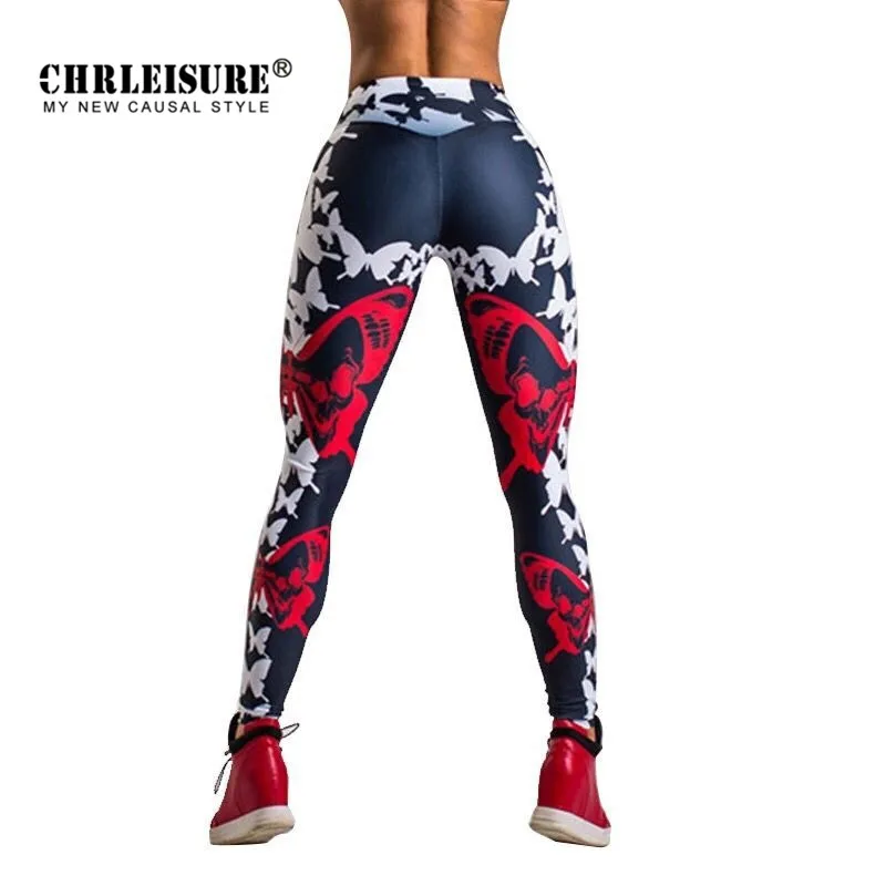 

CHRLEISURE Push Up Leggings Women Polyester Butterfly Print Slim Trousers High Waist Work Out Fashion Legging For Girl