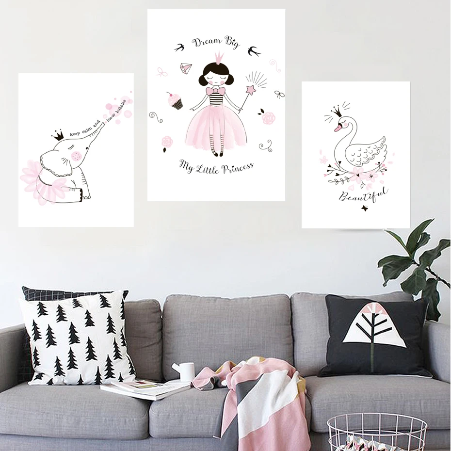 

Pink Princess Nursery Canvas Paintings Cartoon Animals Girls Wall Art Pictures Nordic Poster Print for Kids Bedroom Home Decor