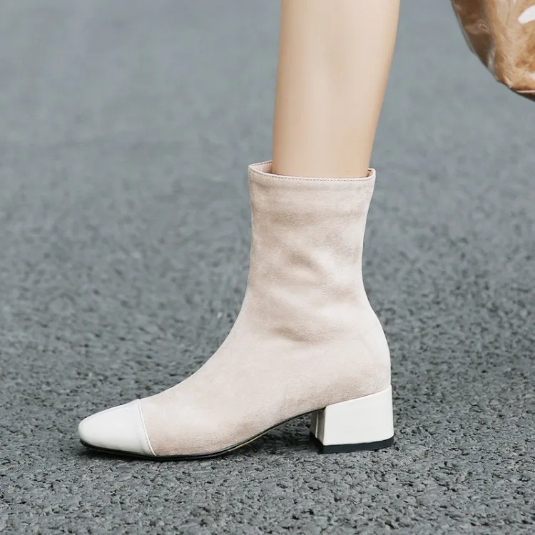 

Big Size 11 12 13 Suede-faced square-headed boots with thick heels, short barrel side zipper stretch cloth Martin boots