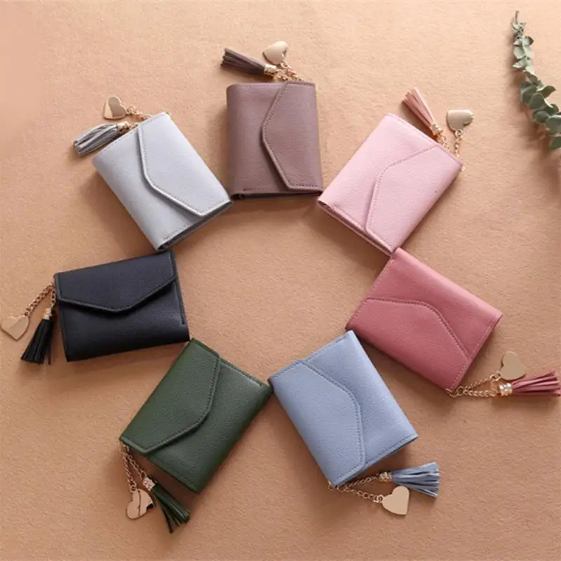 

Female Short Wallet Pink Candy Color Fringed Fiefs Three Fold Women Wallet for Ladies Weddings Beach Travel Parties 2019 New