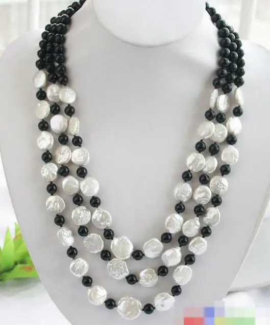 

song voge gem nanJ2459 3ROW WHITE COIN FRESHWATER CULTURED PEARL AGATE BEAD NECKLACE